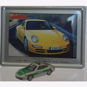 Schuco Modell 1:87 Porsche 911 Carrera S Polizei mit Schild aus Emaille