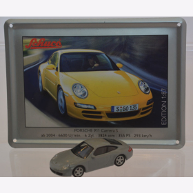 Schuco Modell 1:87 Porsche 911 Carrera S grau mit Schild aus Emaille