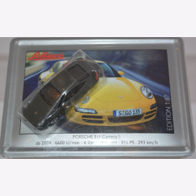 Schuco Modell 1:87 Porsche 911 Carrera S dunkelgrau mit Schild aus Emaille