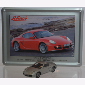 Schuco Modell 1:87 Porsche Cayman S silber mit Schild aus Emaille