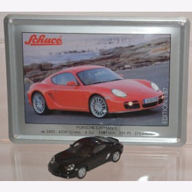 Schuco Modell 1:87 Porsche Cayman S schwarz mit Schild aus Emaille