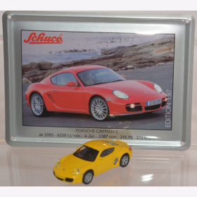 Schuco Modell 1:87 Porsche Cayman S gelb mit Schild aus Emaille