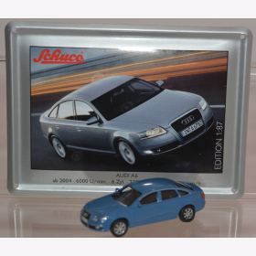 Schuco Modell 1:87 Audi A6 blau mit Schild aus Emaille