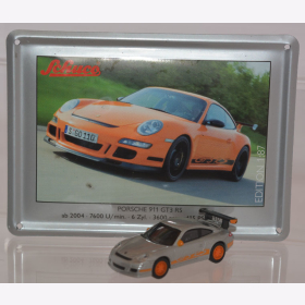 Schuco Modell 1:87 Porsche 911 GT3 RS silber/orange mit Schild aus Emaille