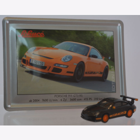 Schuco Modell 1:87 Porsche 911 GT3 RS schwarz/orange mit Schild aus Emaille