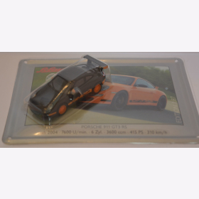 Schuco Modell 1:87 Porsche 911 GT3 RS schwarz/orange mit Schild aus Emaille