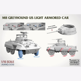 ANDYS Hobby Headquarters AHHQ-008 M8 Greyhound US Light Armored Car + Figur Ma&szlig;stab 1:16 Modellbausatz Plastikmodellbau