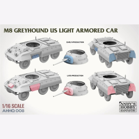 ANDYS Hobby Headquarters AHHQ-008 M8 Greyhound US Light Armored Car + Figur Ma&szlig;stab 1:16 Modellbausatz Plastikmodellbau
